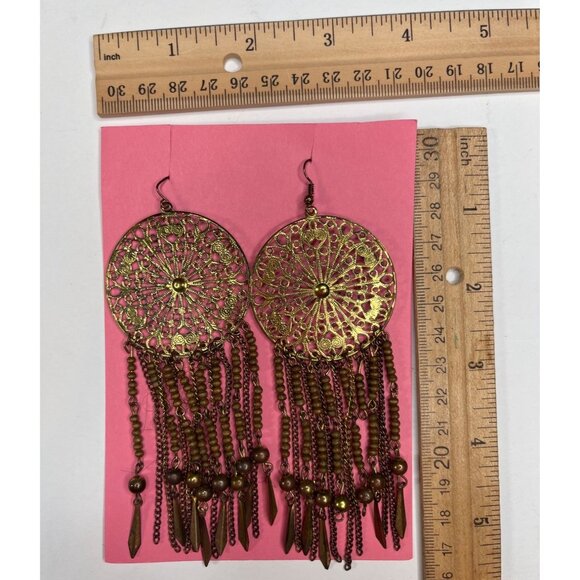 Vintage Gold Filigree Dreamcatcher Dangle Earrings With Bead & Chain Fringe A250 - Picture 2 of 12
